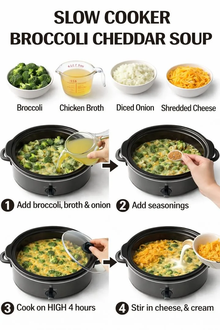 Bowl of slow cooker broccoli cheddar soup with melted cheese and broccoli florets