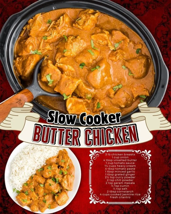 Delicious slow cooker butter chicken ready to serve with rice