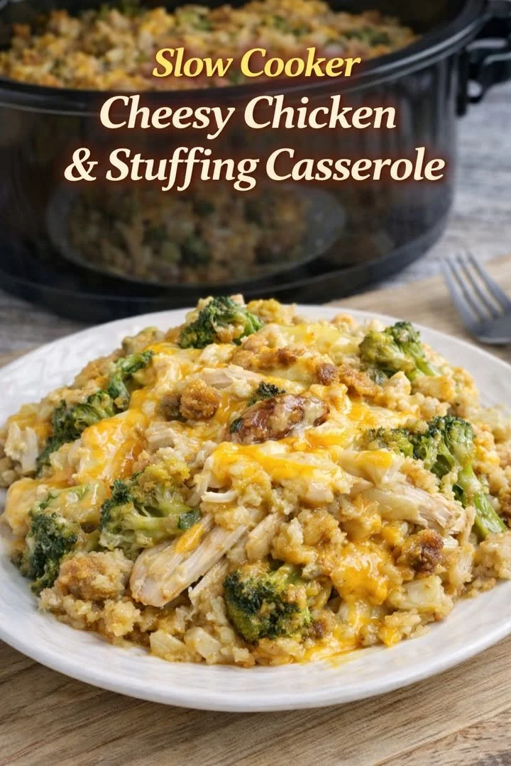 Slow Cooker Cheesy Chicken and Stuffing Casserole with Broccoli dish.