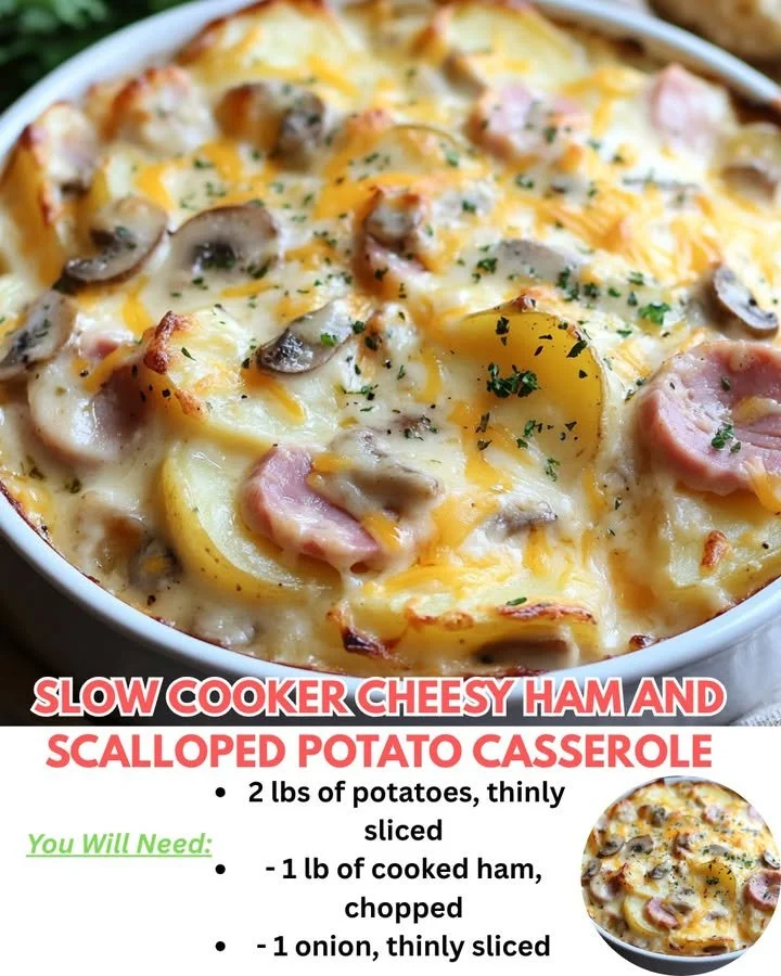 Slow Cooker Cheesy Ham and Scalloped Potato Casserole in a serving dish