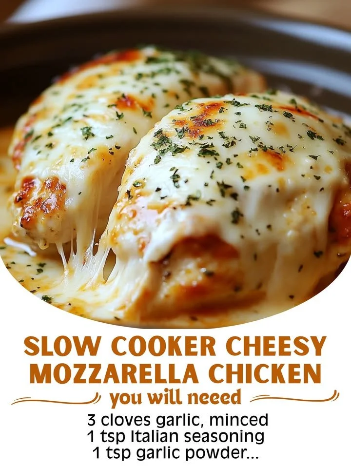Slow Cooker Cheesy Mozzarella Chicken served with garnishes