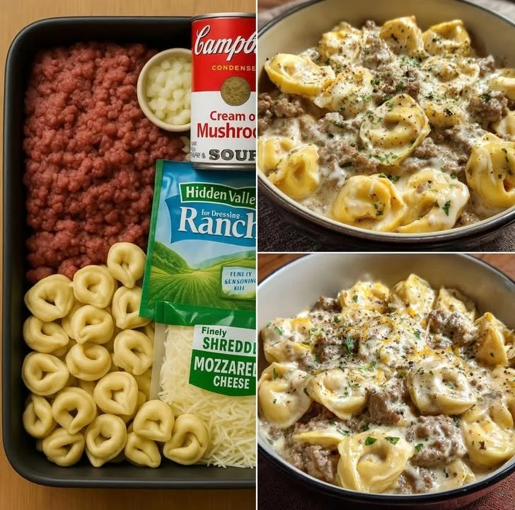 Slow cooker creamy ranch beef tortellini served in a bowl.