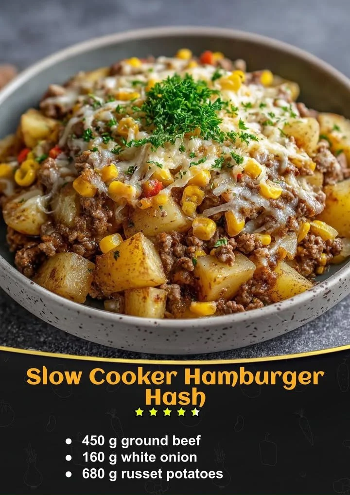 Slow cooker hamburger hash recipe featuring ground beef and vegetables