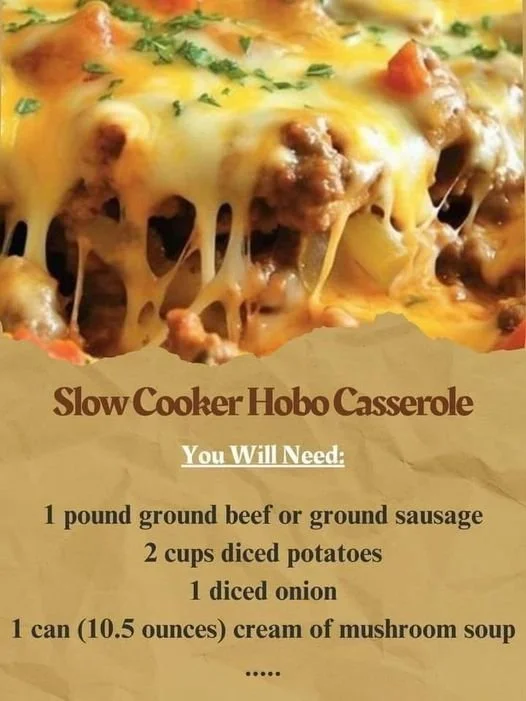 Slow Cooker Hobo Casserole dish with ground meat, potatoes, and vegetables