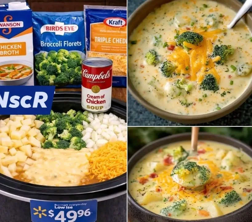 Bowl of creamy slow cooker potato broccoli cheddar soup topped with cheese and herbs.