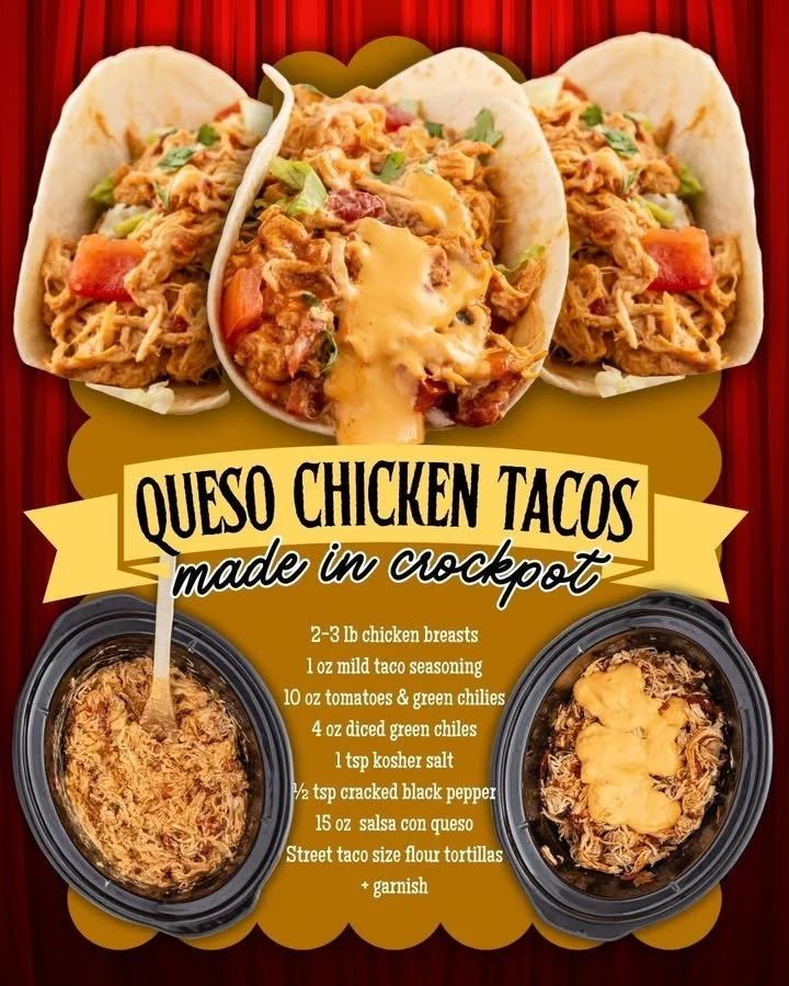 Delicious slow cooker queso chicken tacos topped with cheese and fresh ingredients