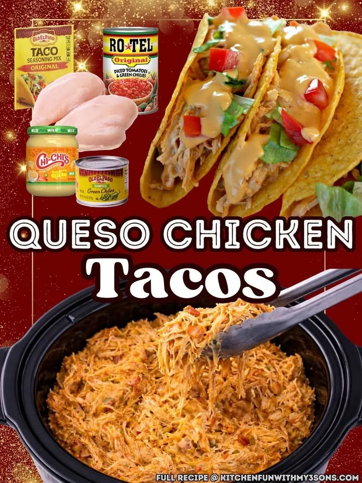 Slow Cooker Queso Chicken Tacos garnished with fresh cilantro