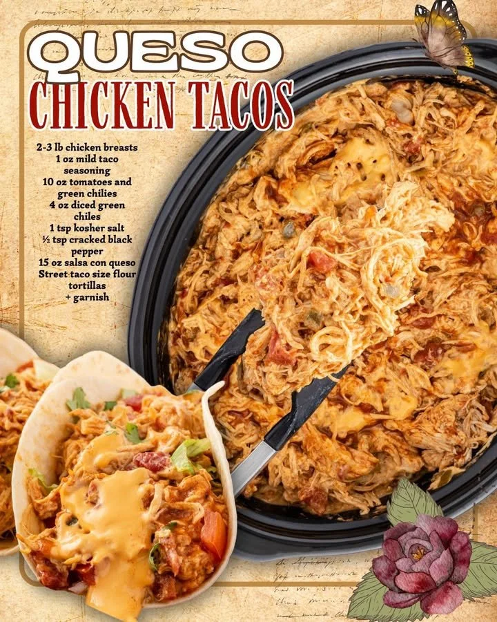 Slow Cooker Queso Chicken Tacos served on a plate with toppings