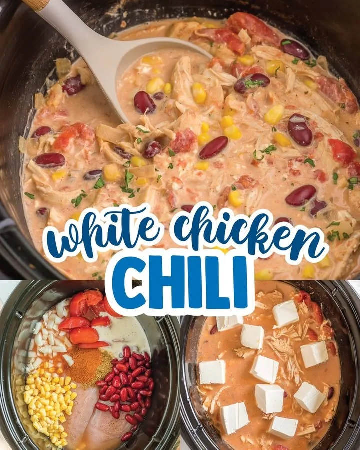Bowl of slow cooker white chicken chili topped with cilantro and jalapeños