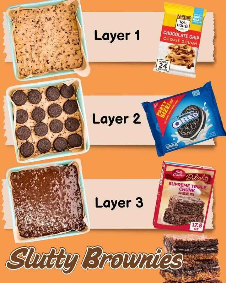 Delicious slutty brownies with layers of cookie dough, brownie batter, and Oreo cookies.