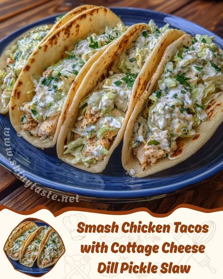 Smash Chicken Tacos topped with Cottage Cheese Dill Pickle Slaw
