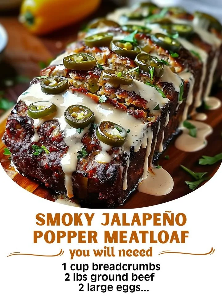 Smoky Jalapeño Popper Meatloaf topped with ranch dressing and garnished