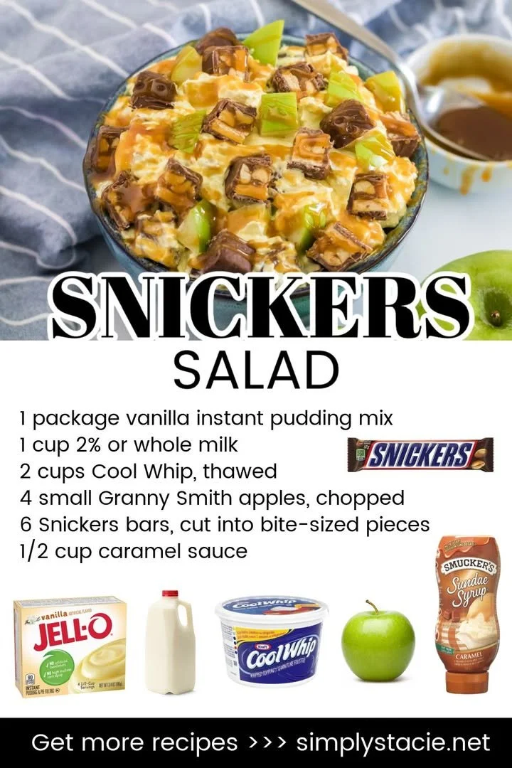 Delicious Snickers Salad garnished with chocolate and peanuts