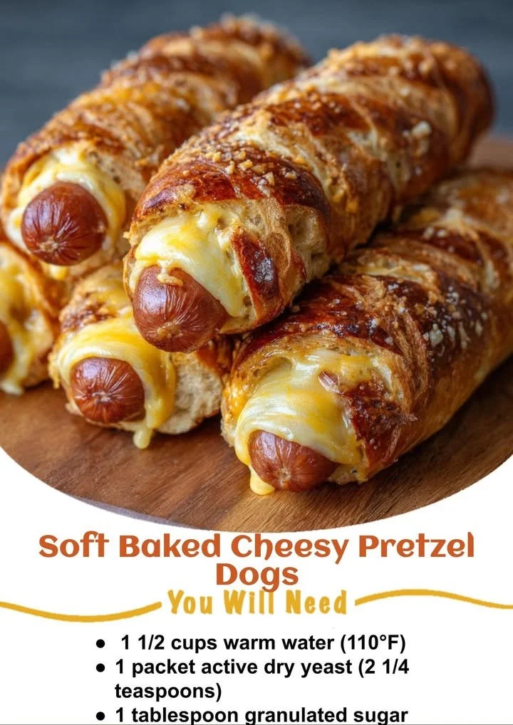 Soft baked cheesy pretzel dogs on a plate, garnished with mustard and served warm.