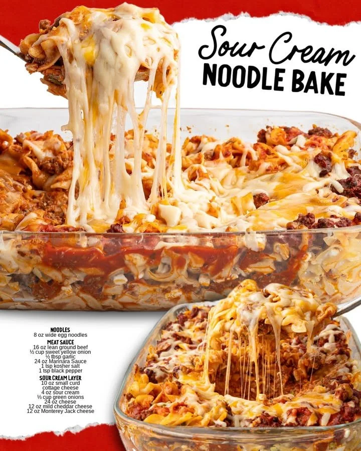 Delicious Sour Cream Noodle Bake served in a casserole dish