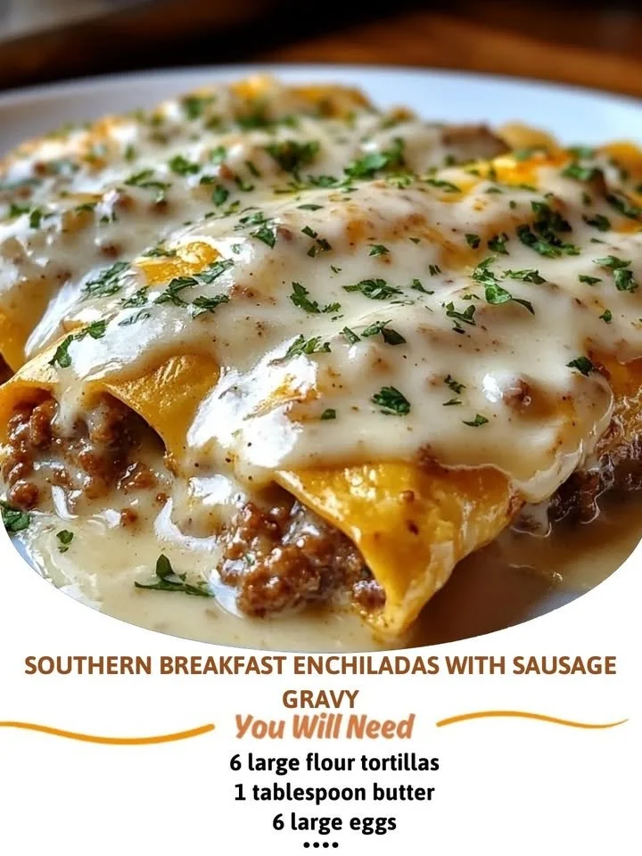 Southern breakfast enchiladas filled with sausage gravy served on a plate