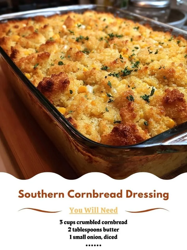 Southern Cornbread Dressing served in a dish with herbs and spices