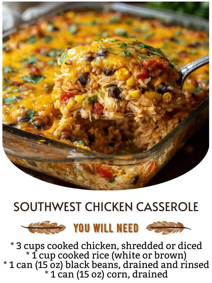 Delicious Southwest Chicken Casserole topped with cheese and vegetables