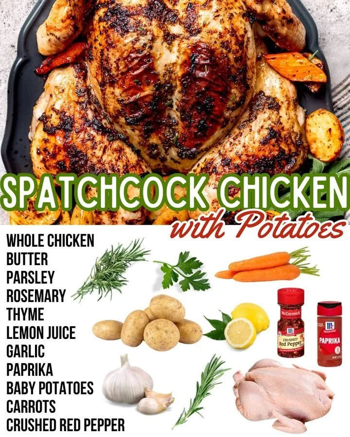 Spatchcock chicken served with roasted potatoes and carrots on a plate