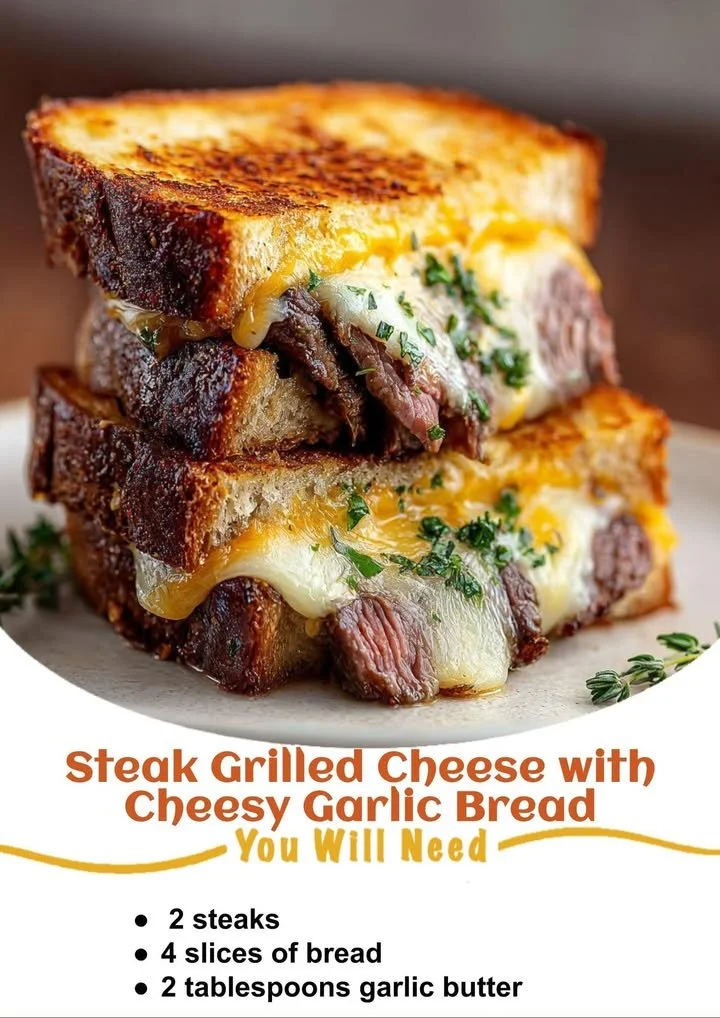 Steak grilled cheese sandwich with cheesy garlic bread on a plate