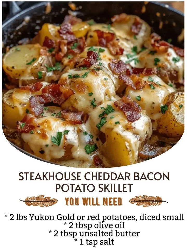 Delicious cheddar bacon potato skillet dish with crispy potatoes and savory toppings