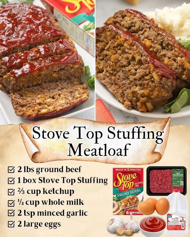 Stove Top Stuffing Meatloaf fresh out of the oven, served on a plate.