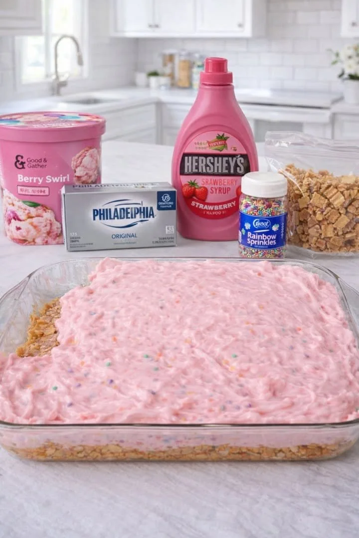 Strawberry Banana No-Bake Dessert served in a glass dish with fresh fruit toppings