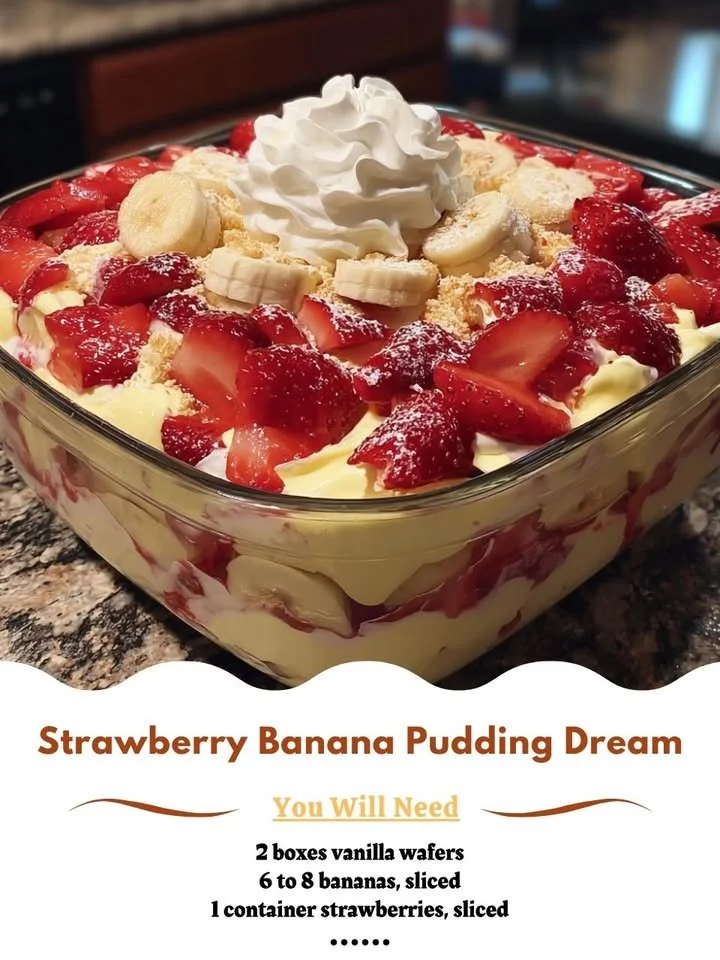 Delicious strawberry banana pudding served in a glass with fresh fruit topping