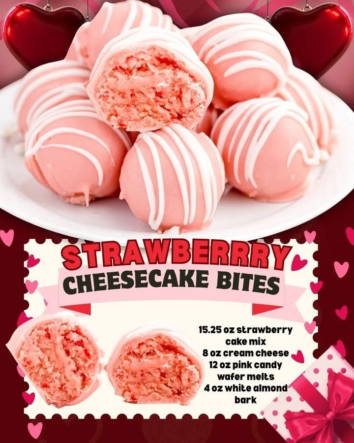 Delicious strawberry cheesecake bites arranged on a plate, topped with fresh strawberries.