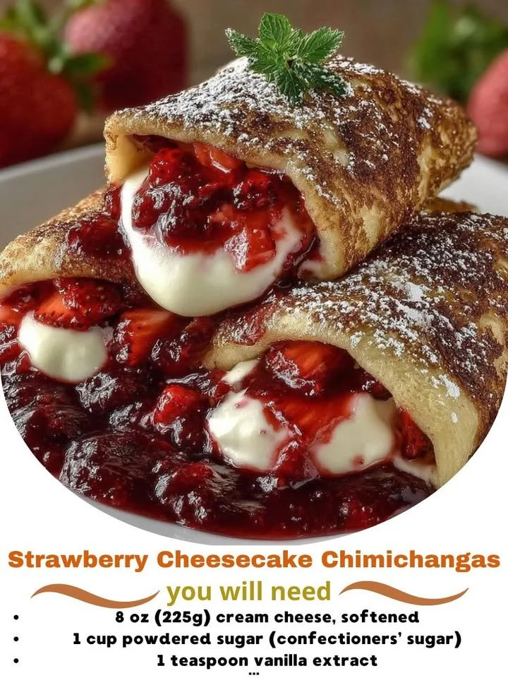 Strawberry cheesecake chimichangas served with fresh strawberries on top.