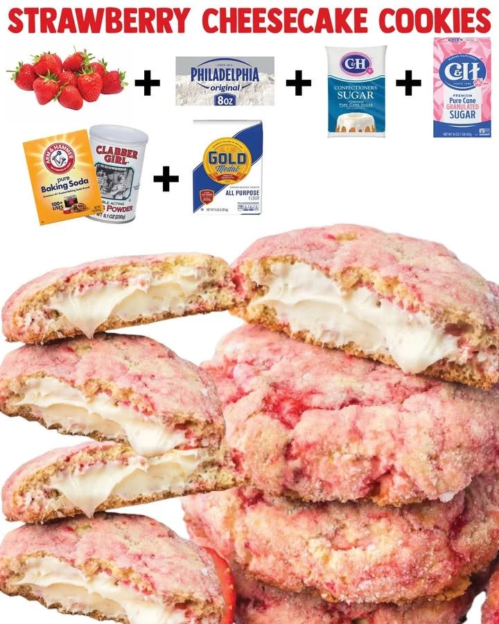 Freshly baked strawberry cheesecake cookies with a creamy topping