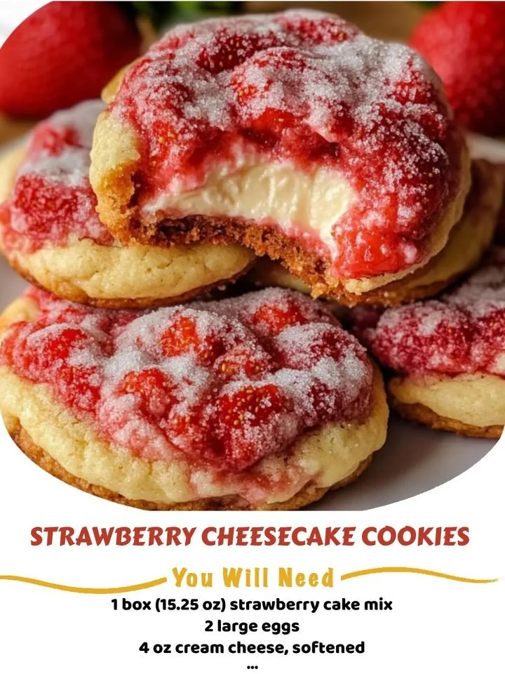 Plate of strawberry cheesecake cookies with fresh strawberries on top.