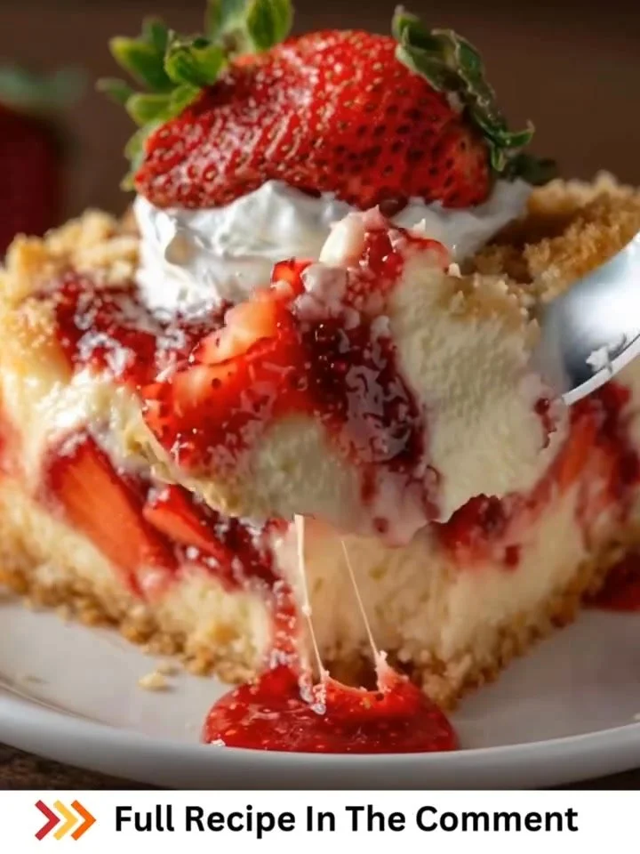 Delicious strawberry cheesecake dump cake served on a plate