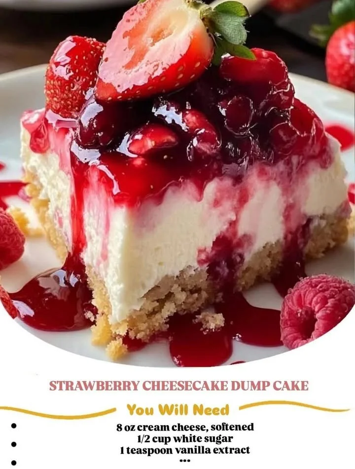 Delicious Strawberry Cheesecake Dump Cake topped with fresh strawberries