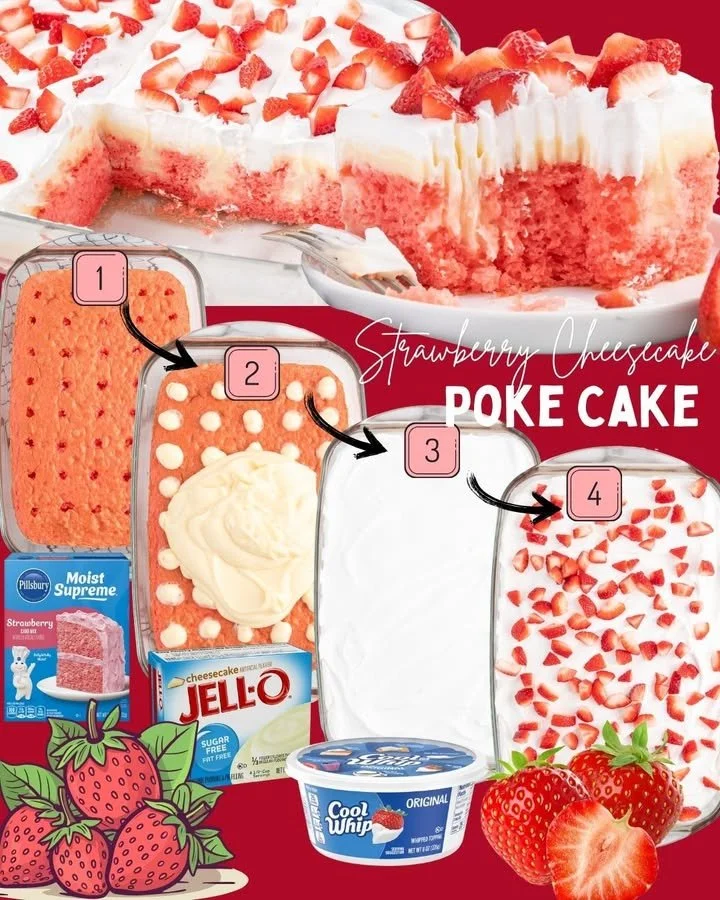 Delicious strawberry cheesecake poke cake topped with fresh strawberries.