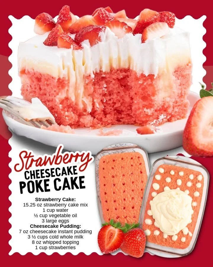 Slice of Strawberry Cheesecake Poke Cake with fresh strawberries on top