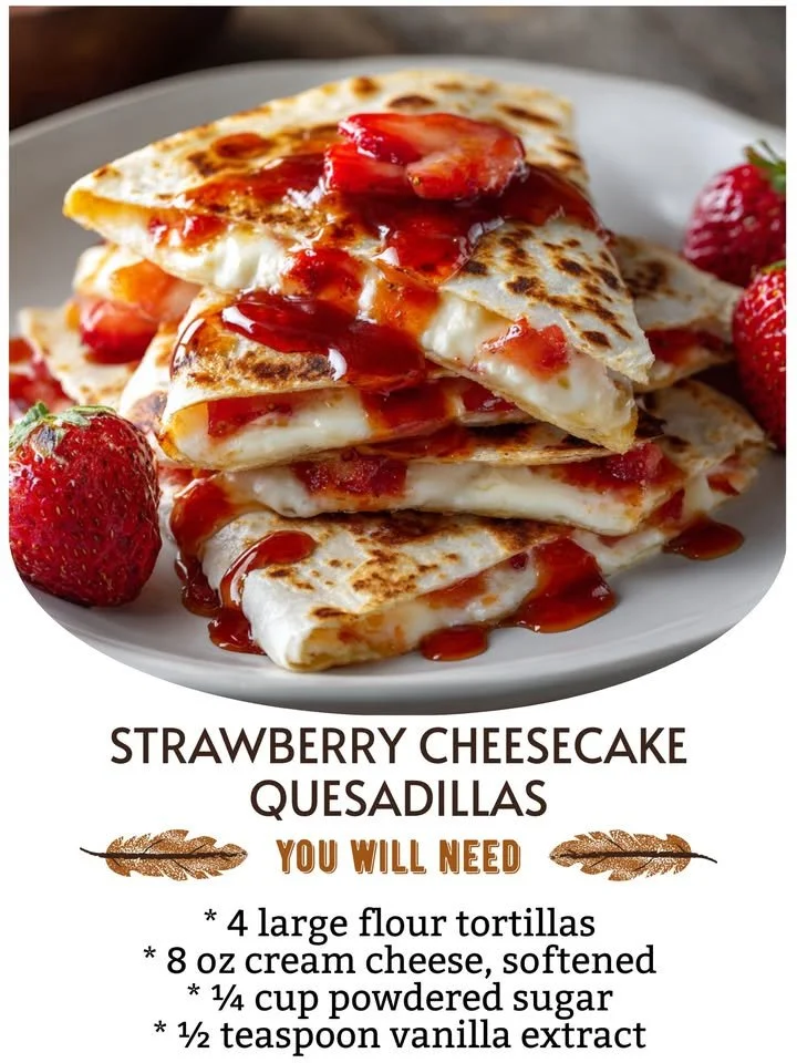 Strawberry cheesecake quesadilla drizzled with syrup