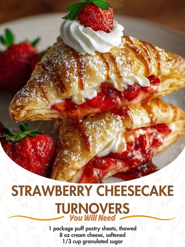 Freshly baked strawberry cheesecake turnovers on a rustic wooden table.
