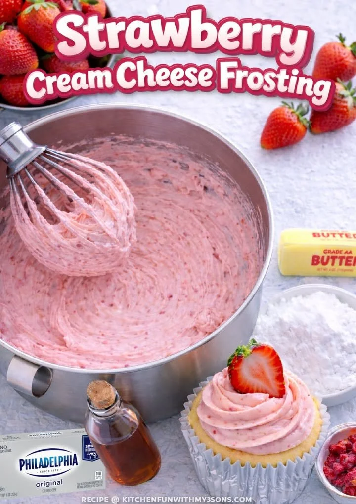 Delicious strawberry cream cheese buttercream frosting on a cake