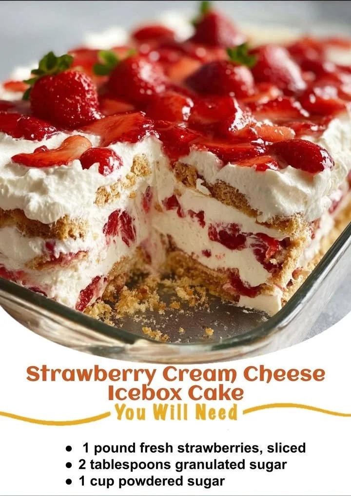 Strawberry Cream Cheese Icebox Cake layered with fresh strawberries and cream cheese.