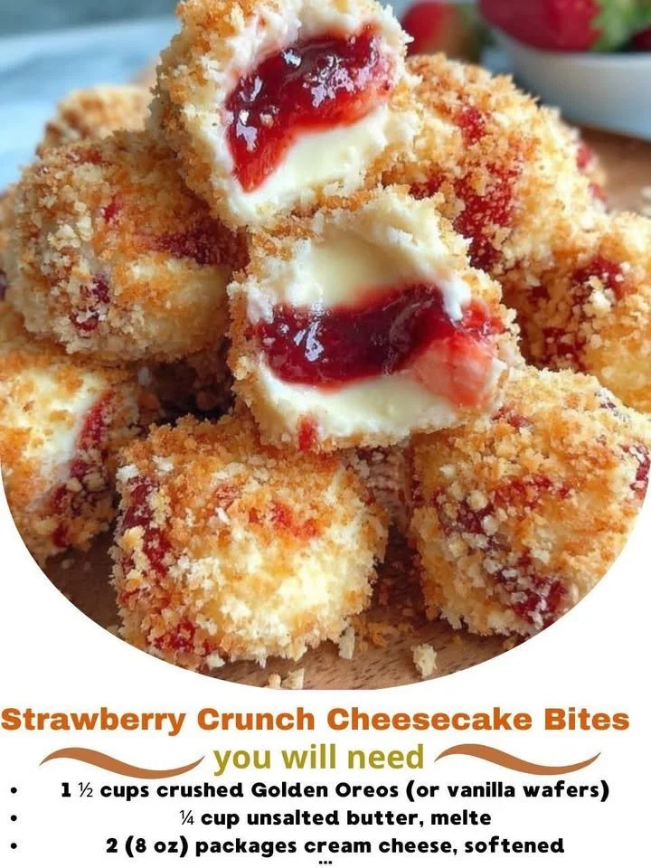 Strawberry Crunch Cheesecake Bites with fresh strawberries and creamy cheesecake