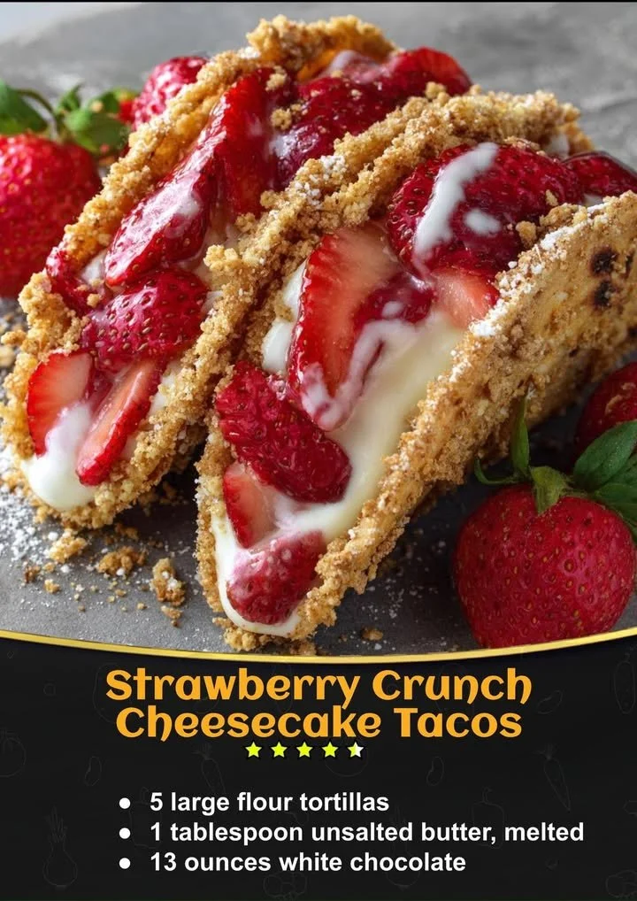 Strawberry Crunch Cheesecake Tacos served on a plate with toppings