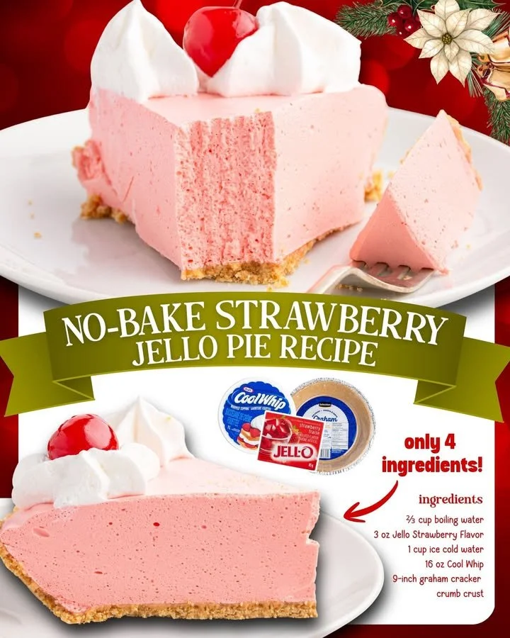 Freshly made Strawberry Jello Pie garnished with whipped cream and strawberries