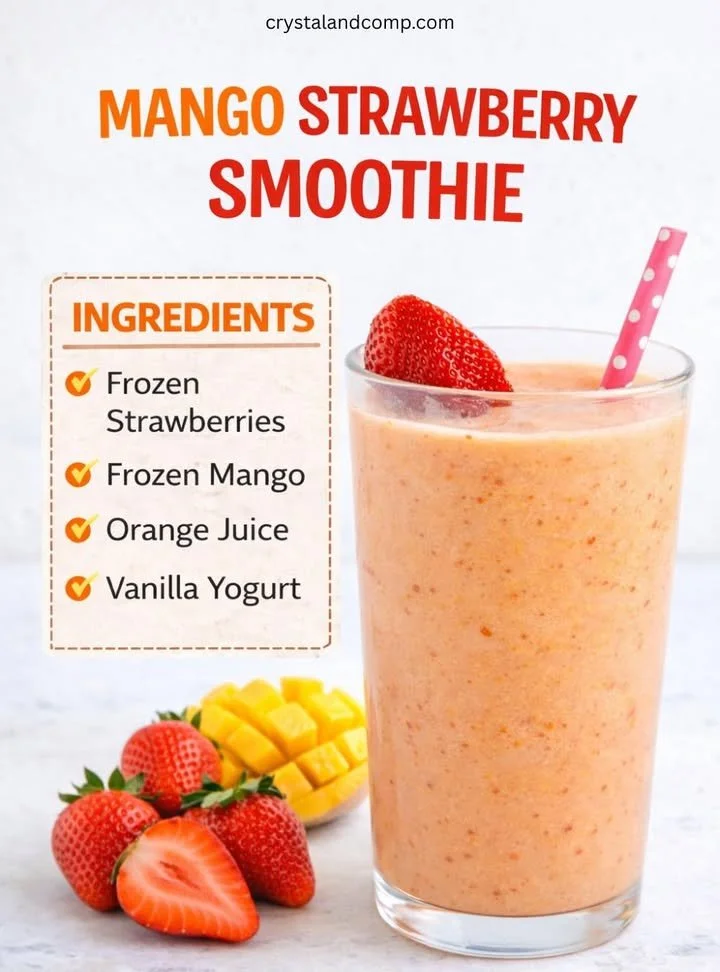 Delicious strawberry mango smoothie in a glass with fresh fruits