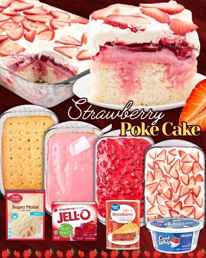Delicious strawberry poke cake topped with fresh strawberries and whipped cream