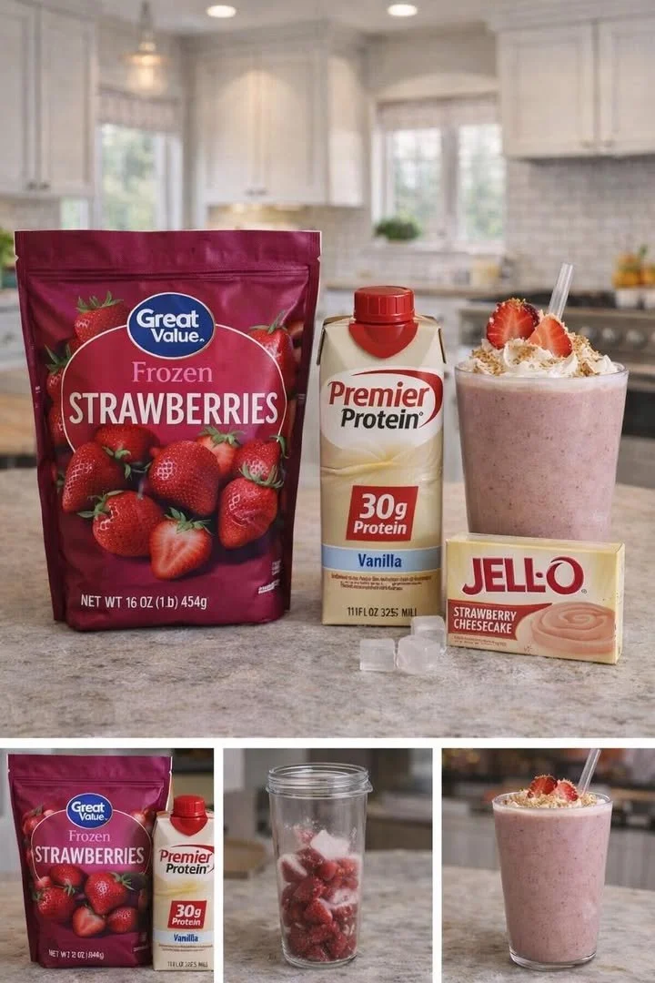 Delicious strawberry protein shake in a glass with fresh strawberries