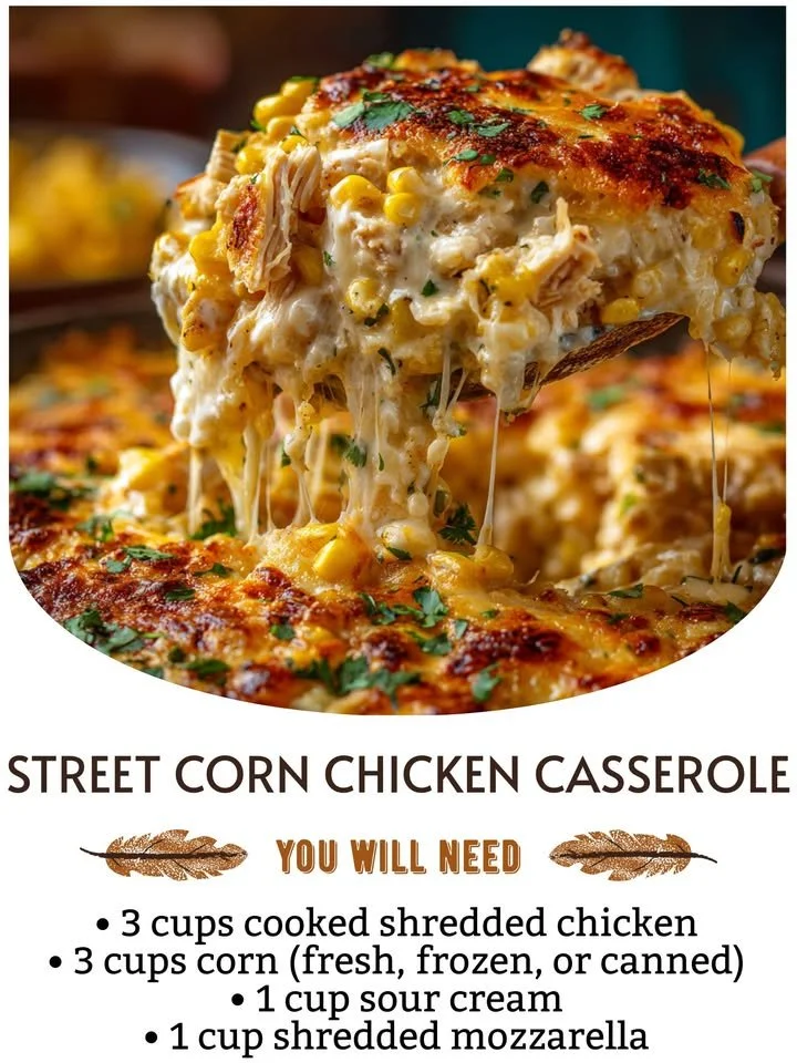 Delicious Street Corn Chicken Casserole topped with cheese and herbs