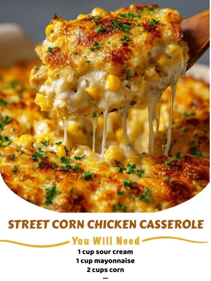 Delicious street corn chicken casserole topped with fresh herbs and cheese