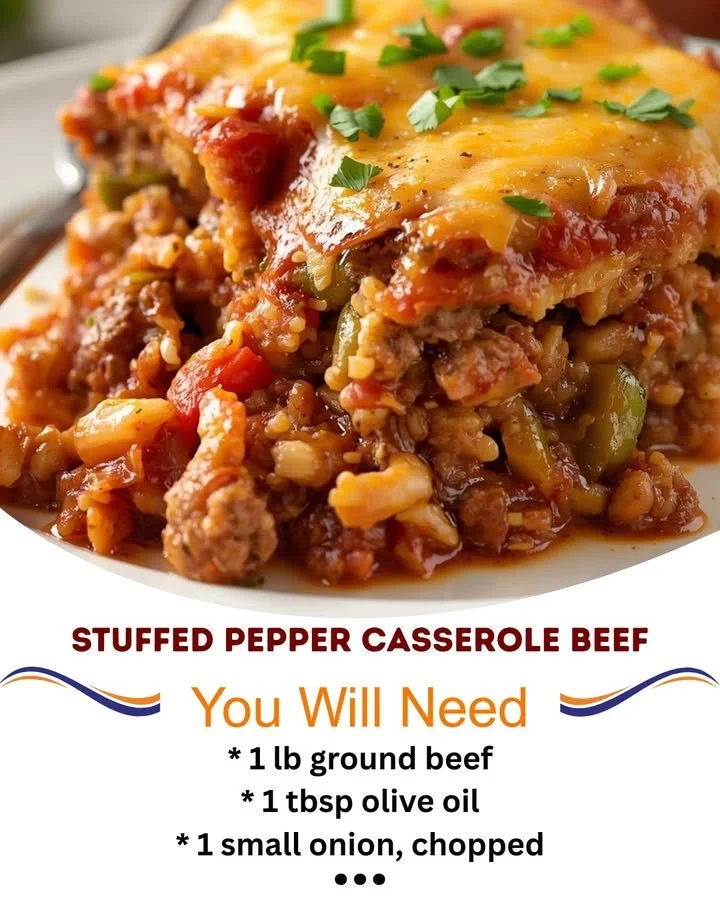 Stuffed pepper casserole with colorful peppers and ground meat in a baking dish