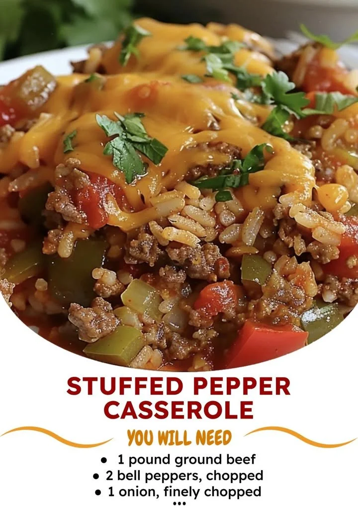 Delicious stuffed pepper casserole baked with colorful peppers and savory filling.